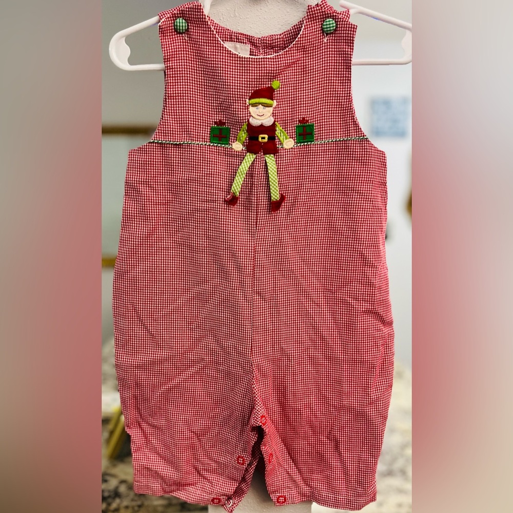 Red Checkered Overalls with Elf Design